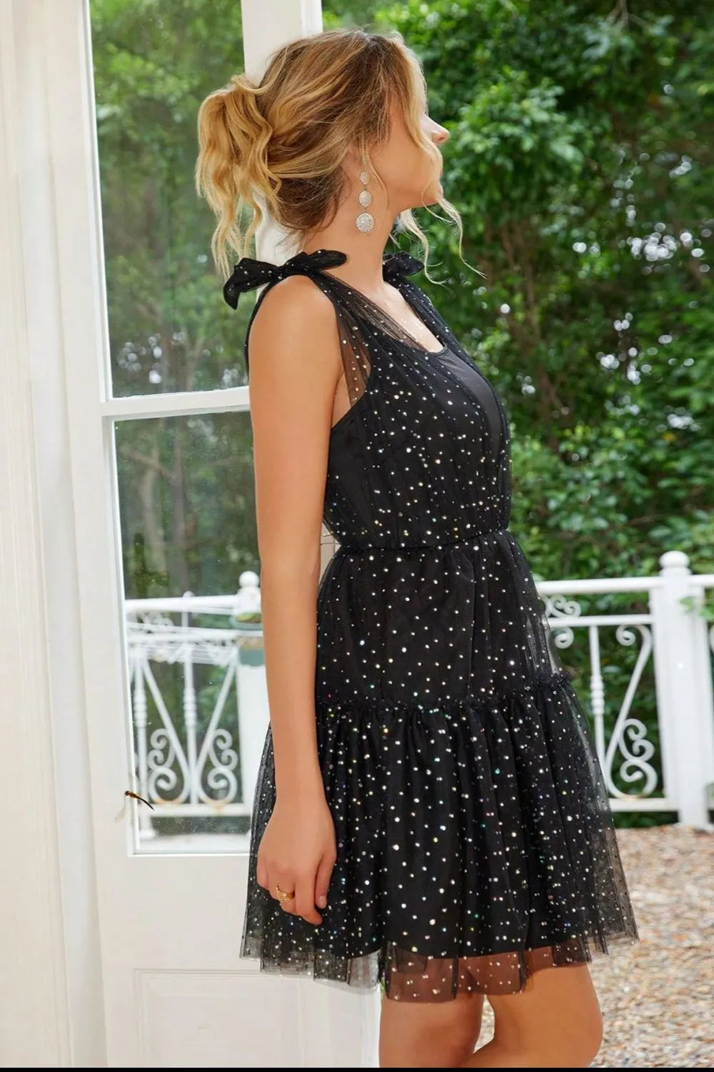 Star-print mesh tie-shoulder tiered mini dress