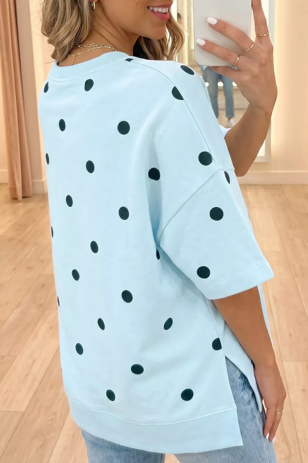 Polka dot oversized drop-shoulder crew neck tee