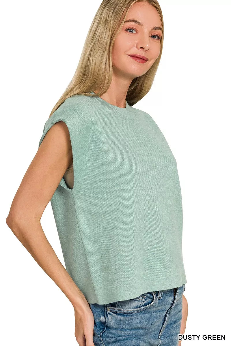 Boxy cap-sleeve sweater vest with ribbed crew neck