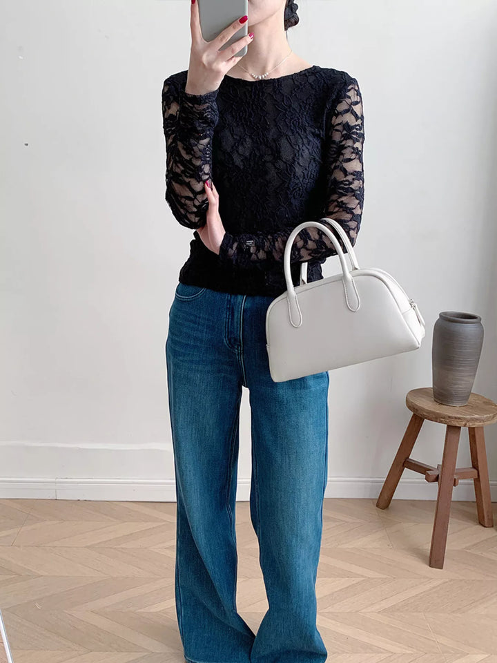 Sheer floral lace round neck long sleeve top