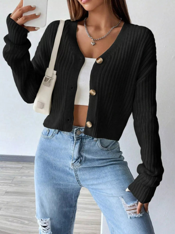 Ribbed knit V-neck button-up cardigan with drop shoulders