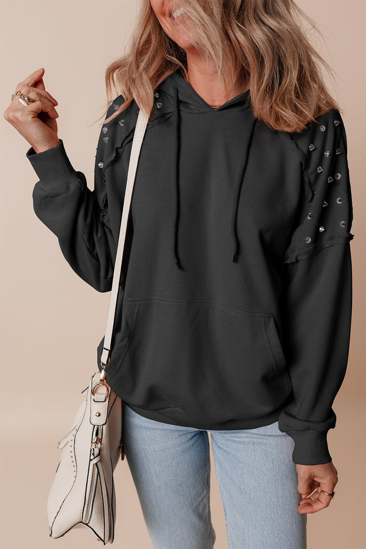Studded exposed-seam drawstring pullover hoodie