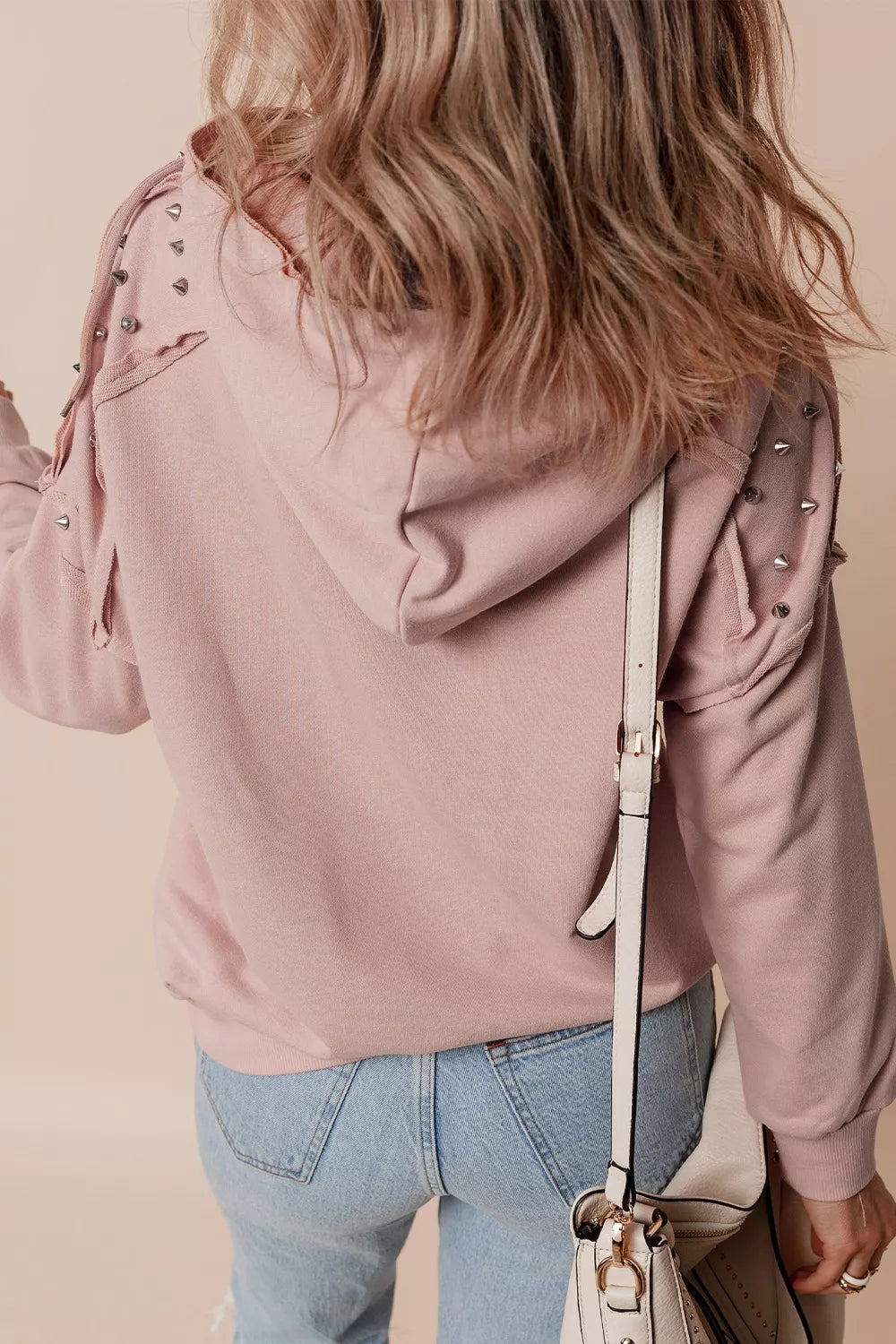 Studded shoulder drawstring hoodie with kangaroo pocket