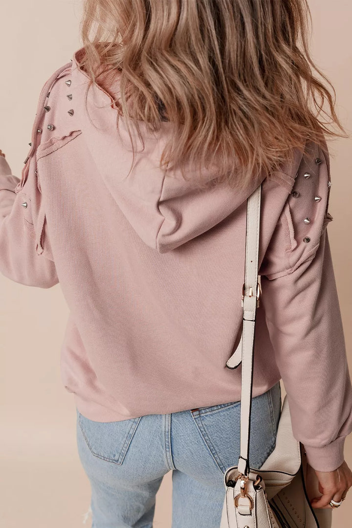 Studded shoulder drawstring hoodie with kangaroo pocket