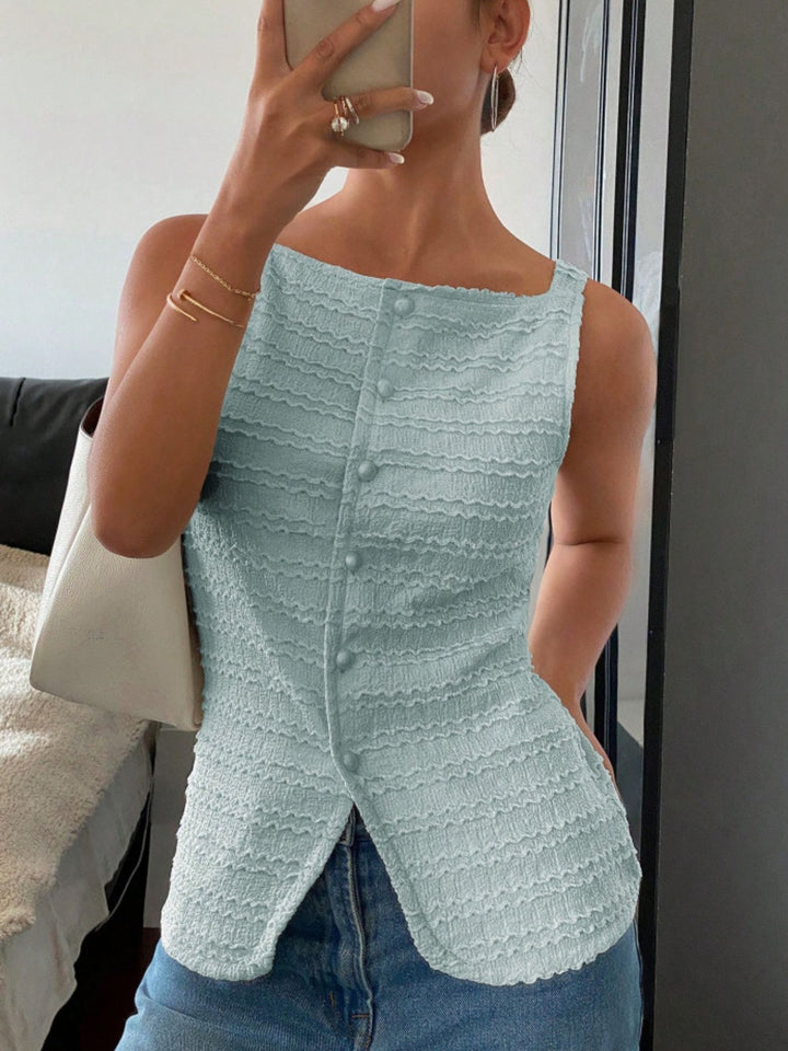 Light Blue Textured button-front tank with square neck and split hem