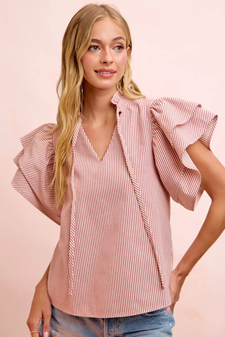 RED Striped tie-neck blouse with tiered ruffle sleeves