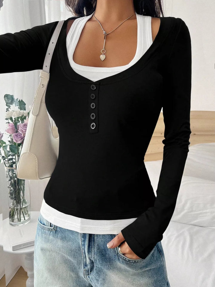 Fake two-piece contrast long sleeve henley top