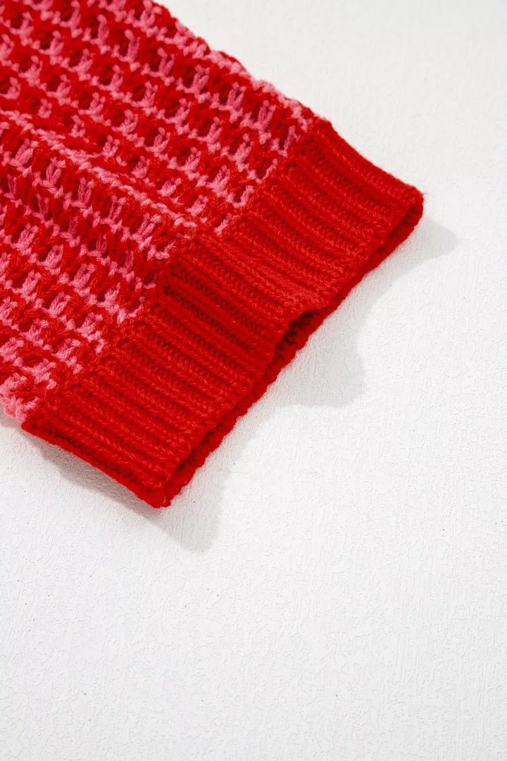 Striped open-knit crew neck sweater with half sleeves