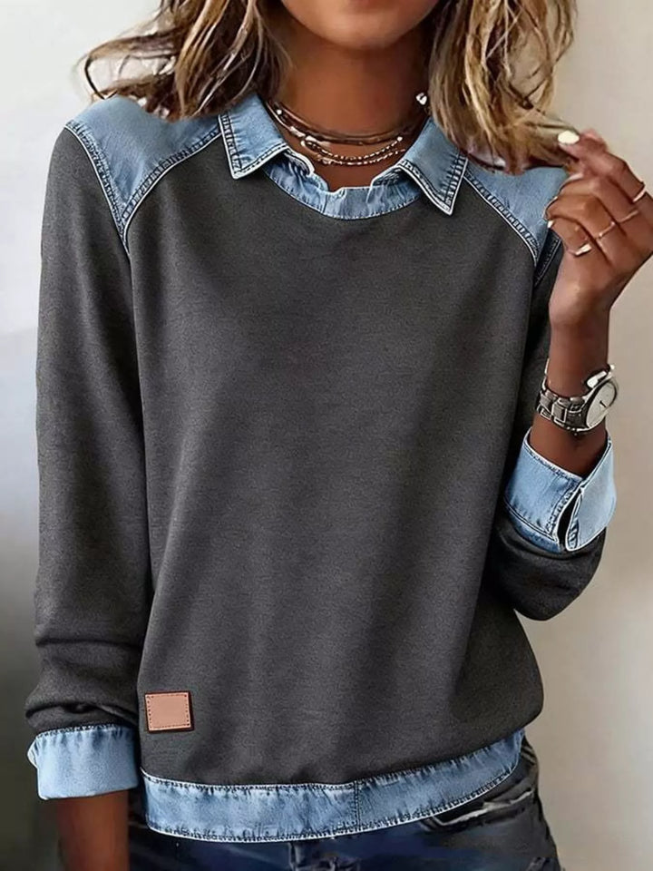 Dark Gray Denim-trim long sleeve crew neck pullover top