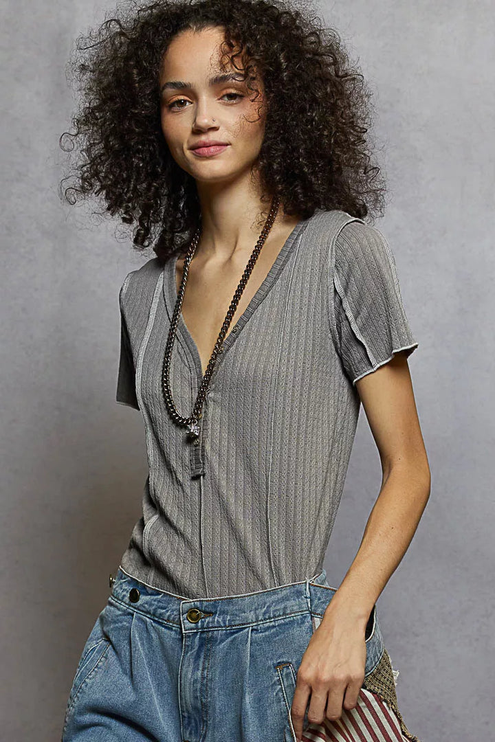 V-neck button placket short sleeve knit top