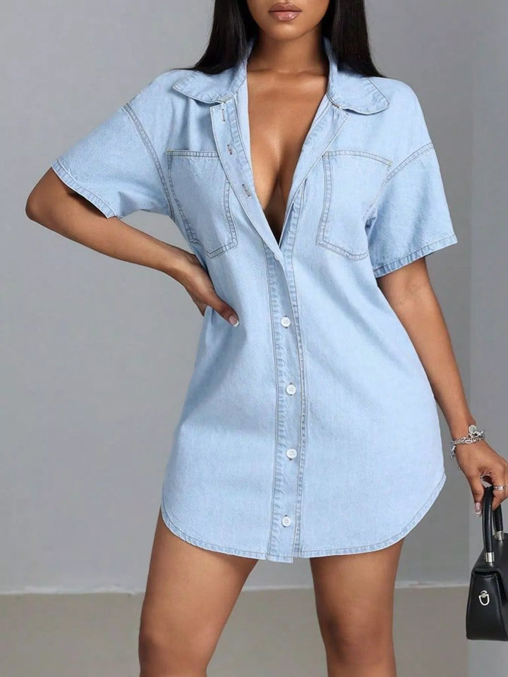 Button-down short sleeve denim shirt mini dress