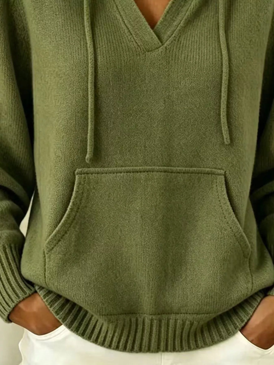 Drawstring hooded knit pullover with kangaroo pocket
