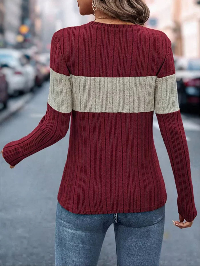 Color block ribbed knit long sleeve crew neck top