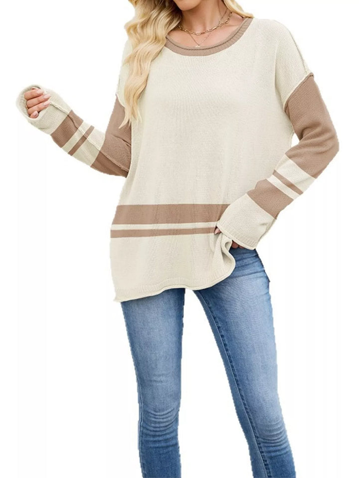 Striped colorblock drop shoulder sweater with side slits