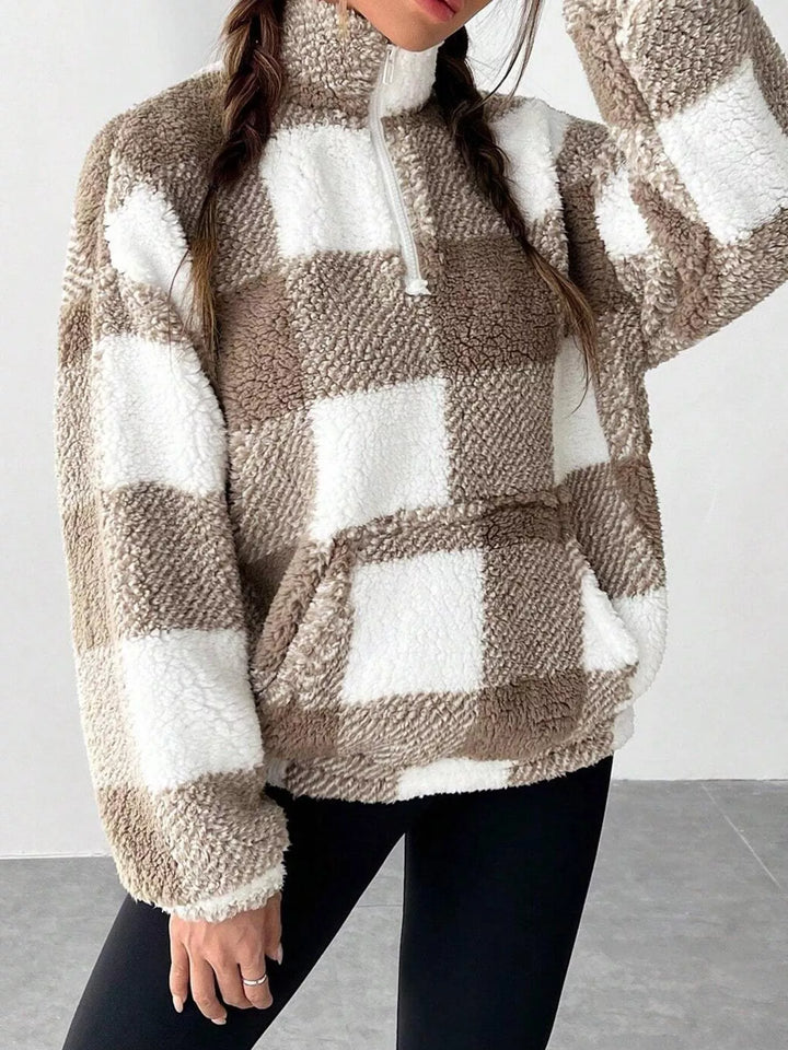 Plaid sherpa quarter-zip pullover with front pocket