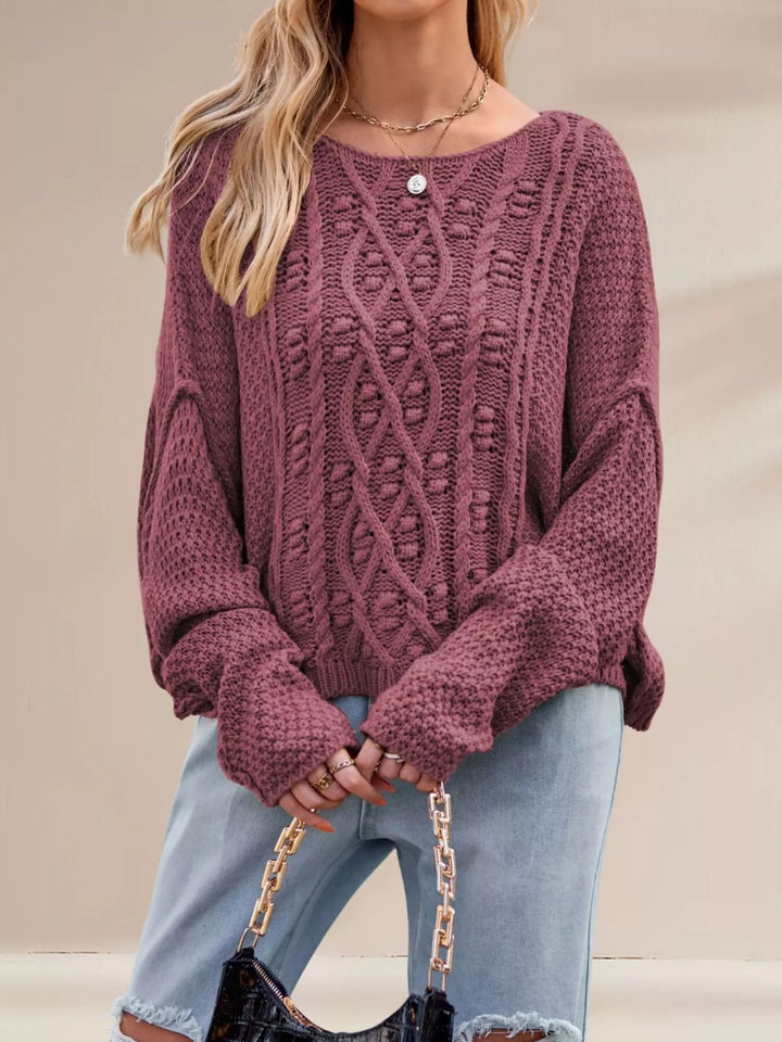 Purplish Red Cable knit drop shoulder sweater with boat neck