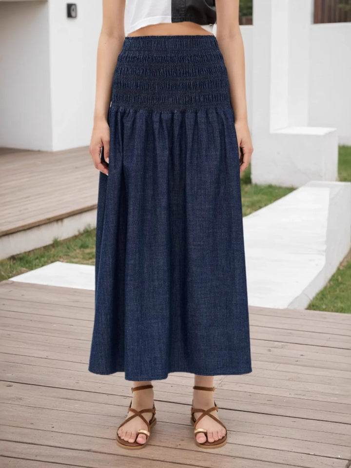 Dark Blue Flowy A-line midi skirt with smocked waistband