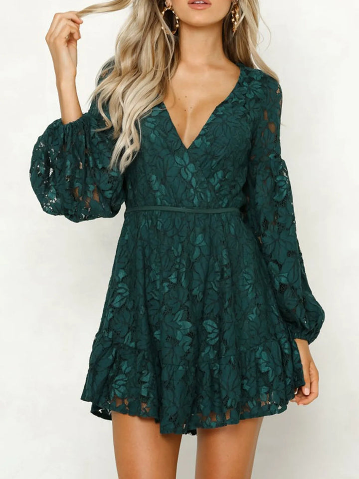 Dark Green Floral lace V-neck long sleeve mini dress