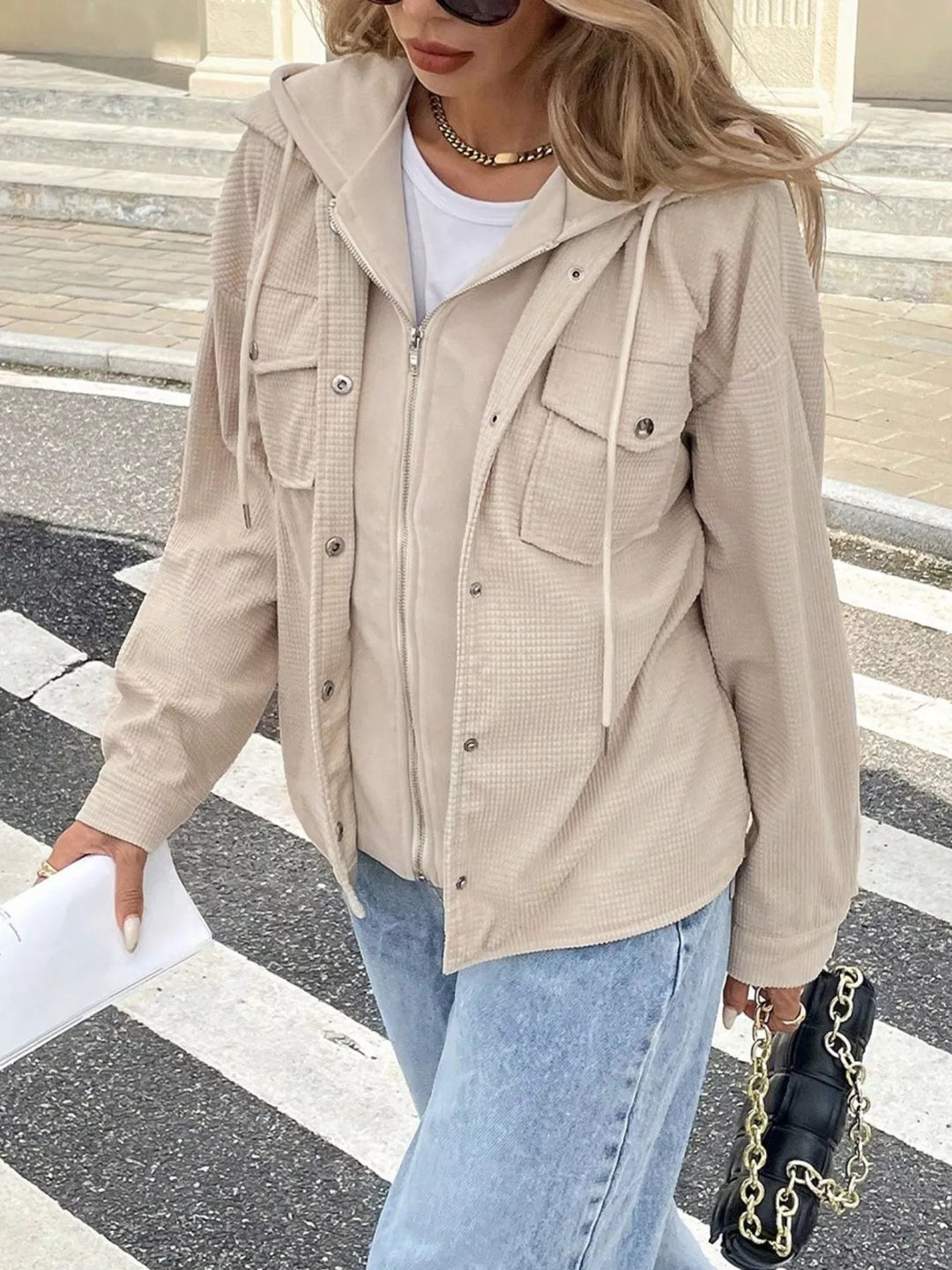 Waffle knit hooded jacket with snap flap pockets
