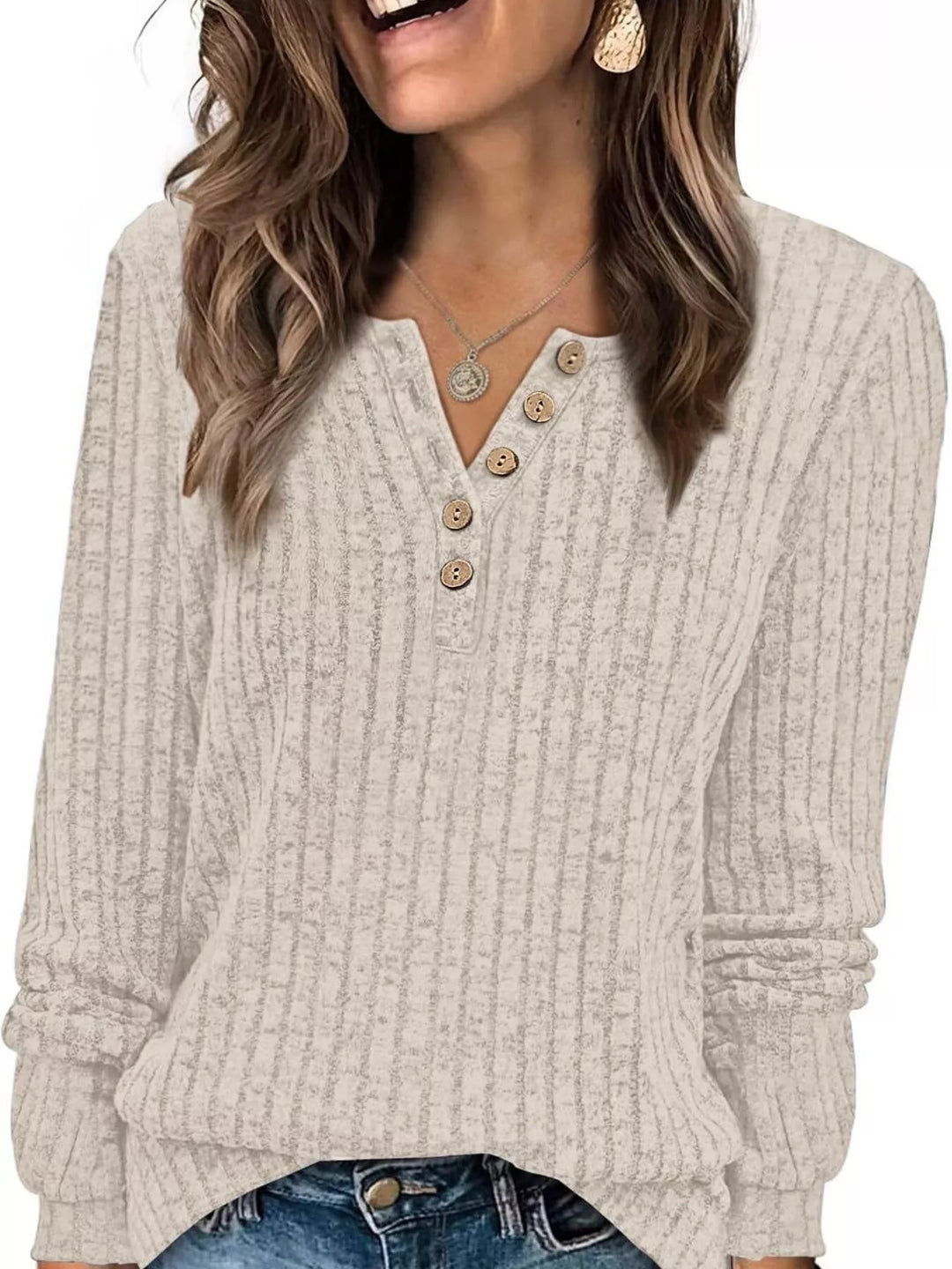 Ribbed knit button henley long sleeve top