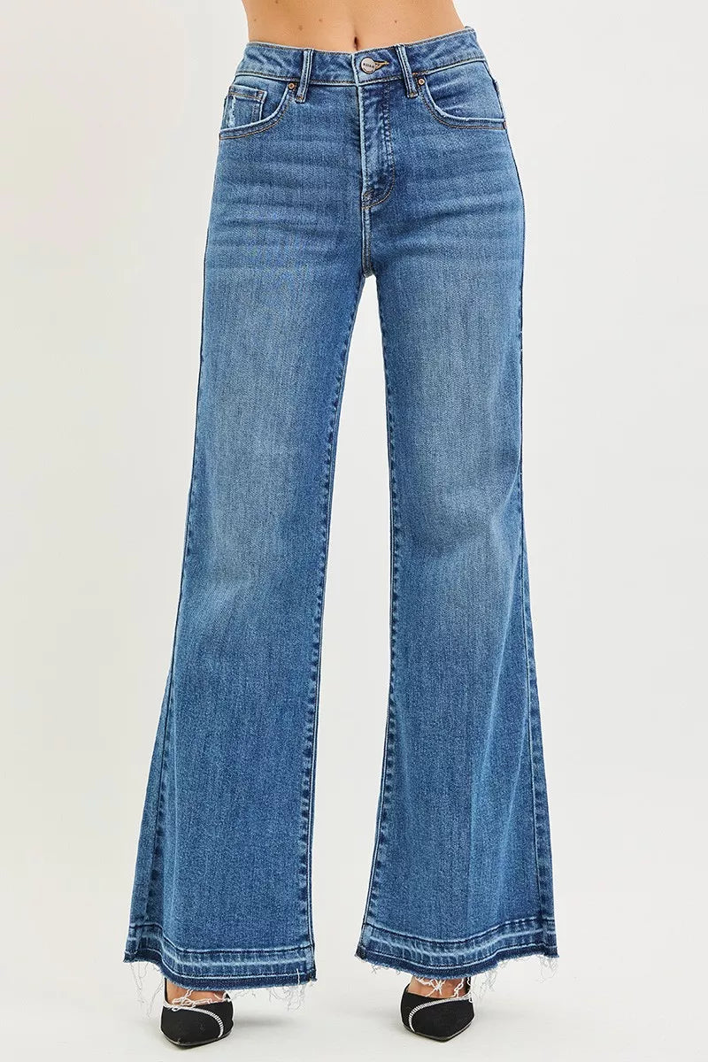 High-rise wide leg jeans with raw released hem