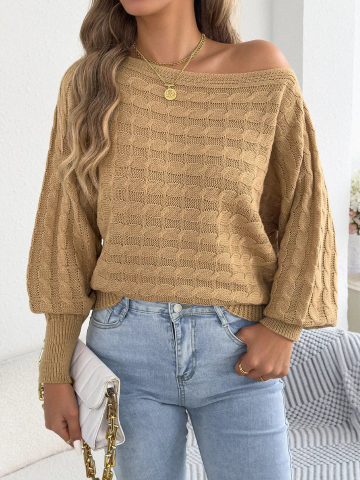 Cable knit boat neck sweater with dolman sleeves