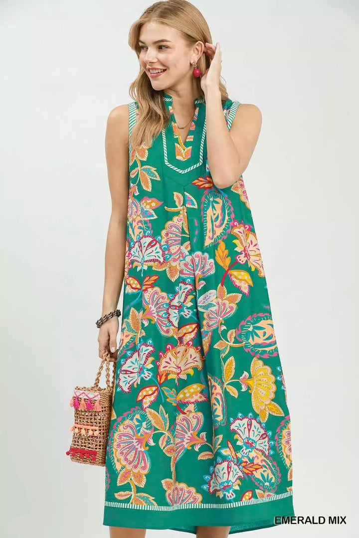 Paisley floral sleeveless midi dress with side pockets