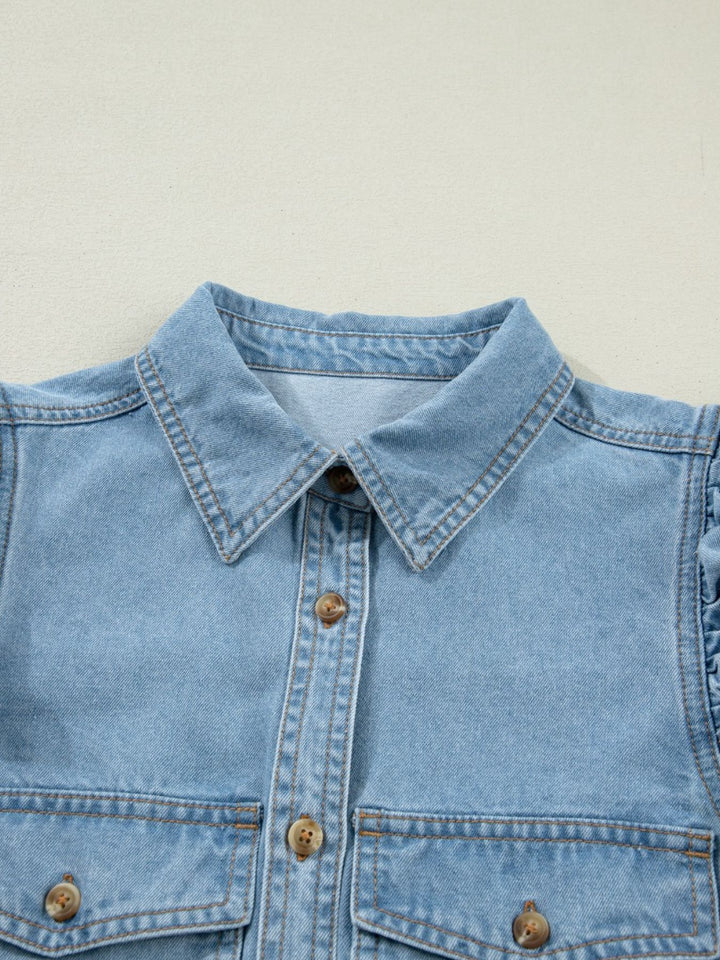 Ruffled cap-sleeve denim button-down shirt with flap pockets