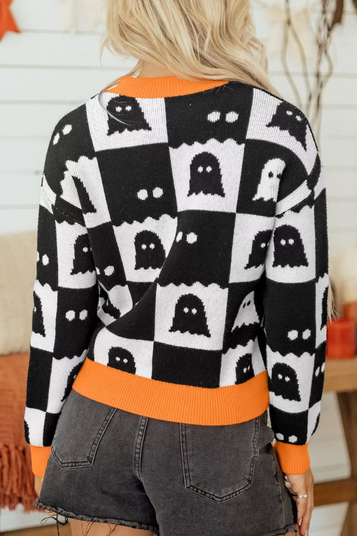 Ghost checkerboard knit sweater with contrast ribbed trim
