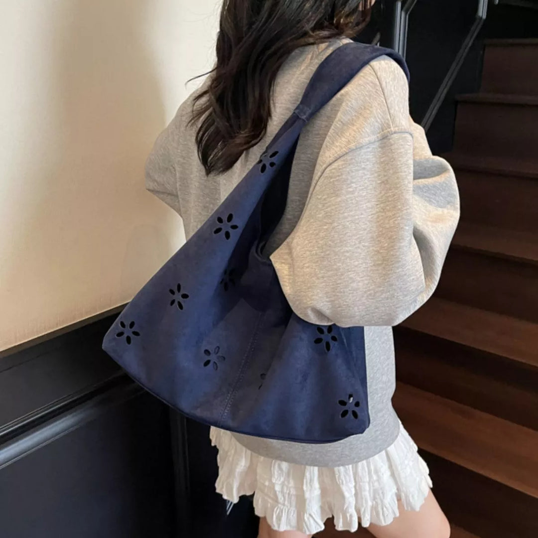 Floral cut-out suede-look hobo bag with zip pouch
