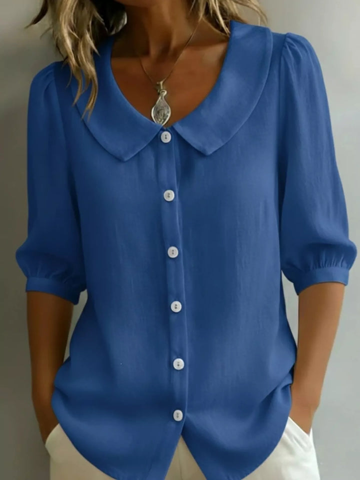 Blue Peter Pan collar button-down blouse with 3/4 sleeves