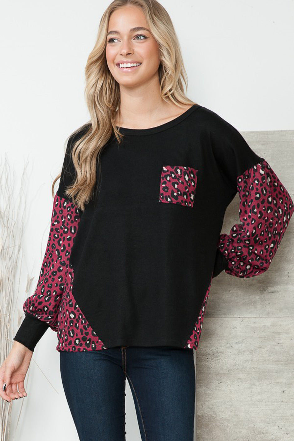 Leopard Print Contrasted Balloon Sleeve Sweater - Azoroh
