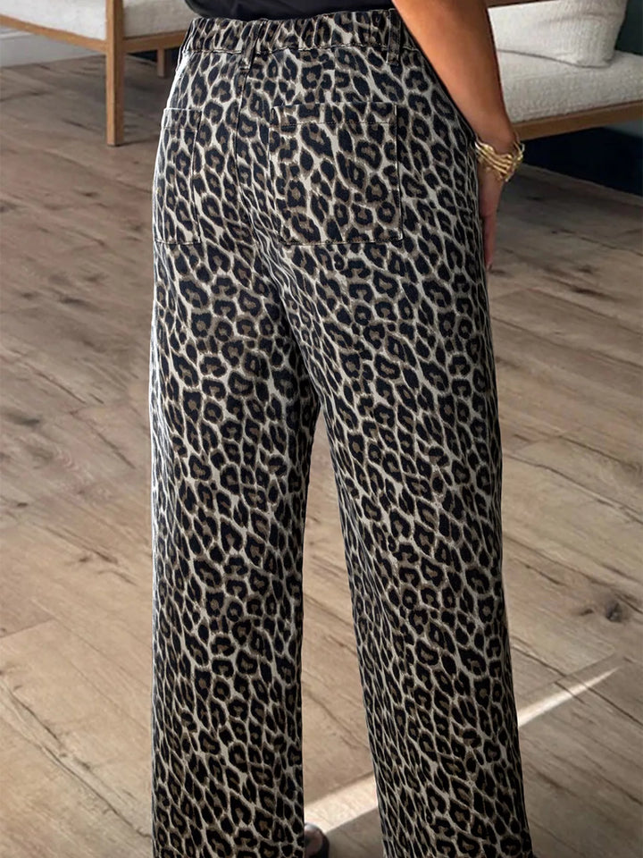 Leopard print straight loose-leg jeans with cuffed hem