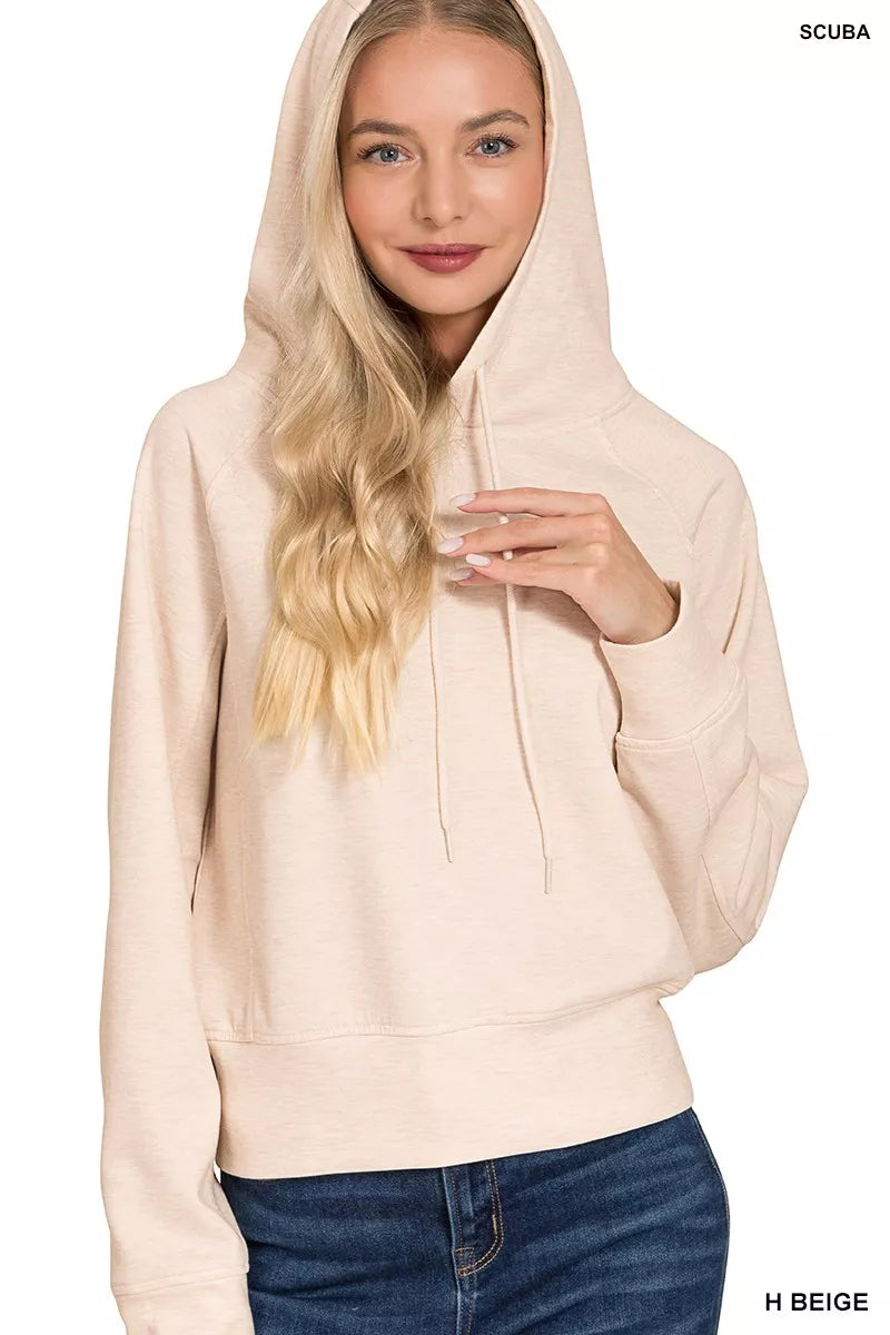 Cropped scuba knit pullover hoodie with drawstring