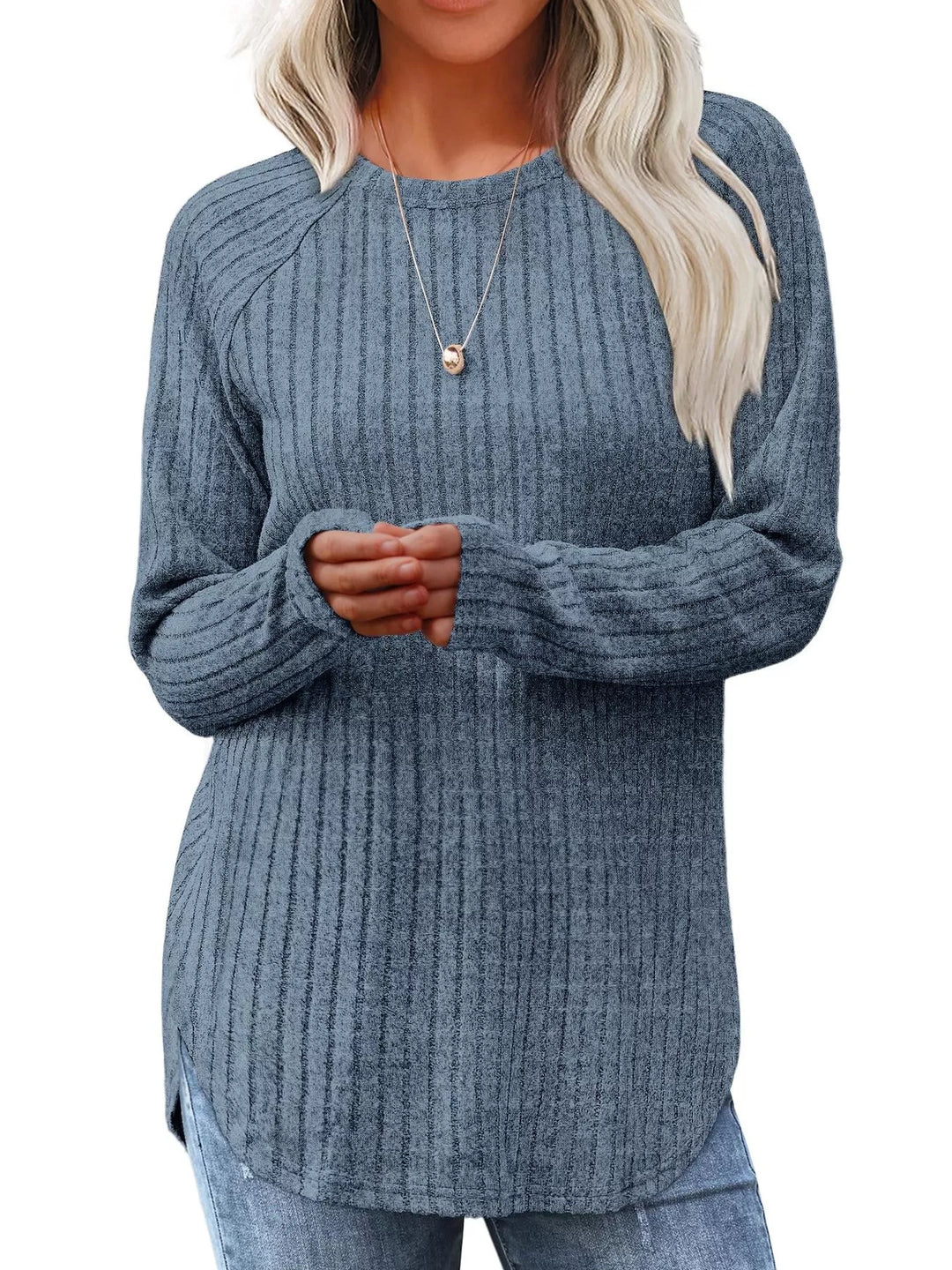 Blue Ribbed knit crew neck long sleeve top with curved hem