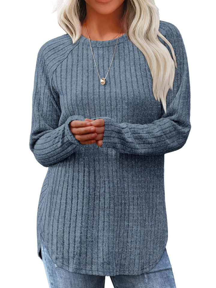 Blue Ribbed knit crew neck long sleeve top with curved hem