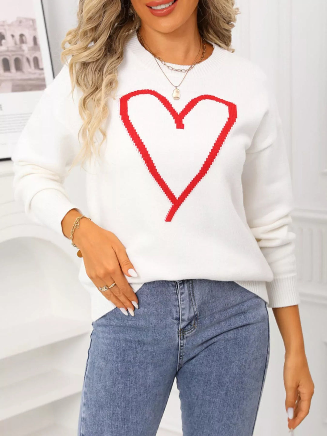 Heart graphic dropped shoulder crew neck sweater