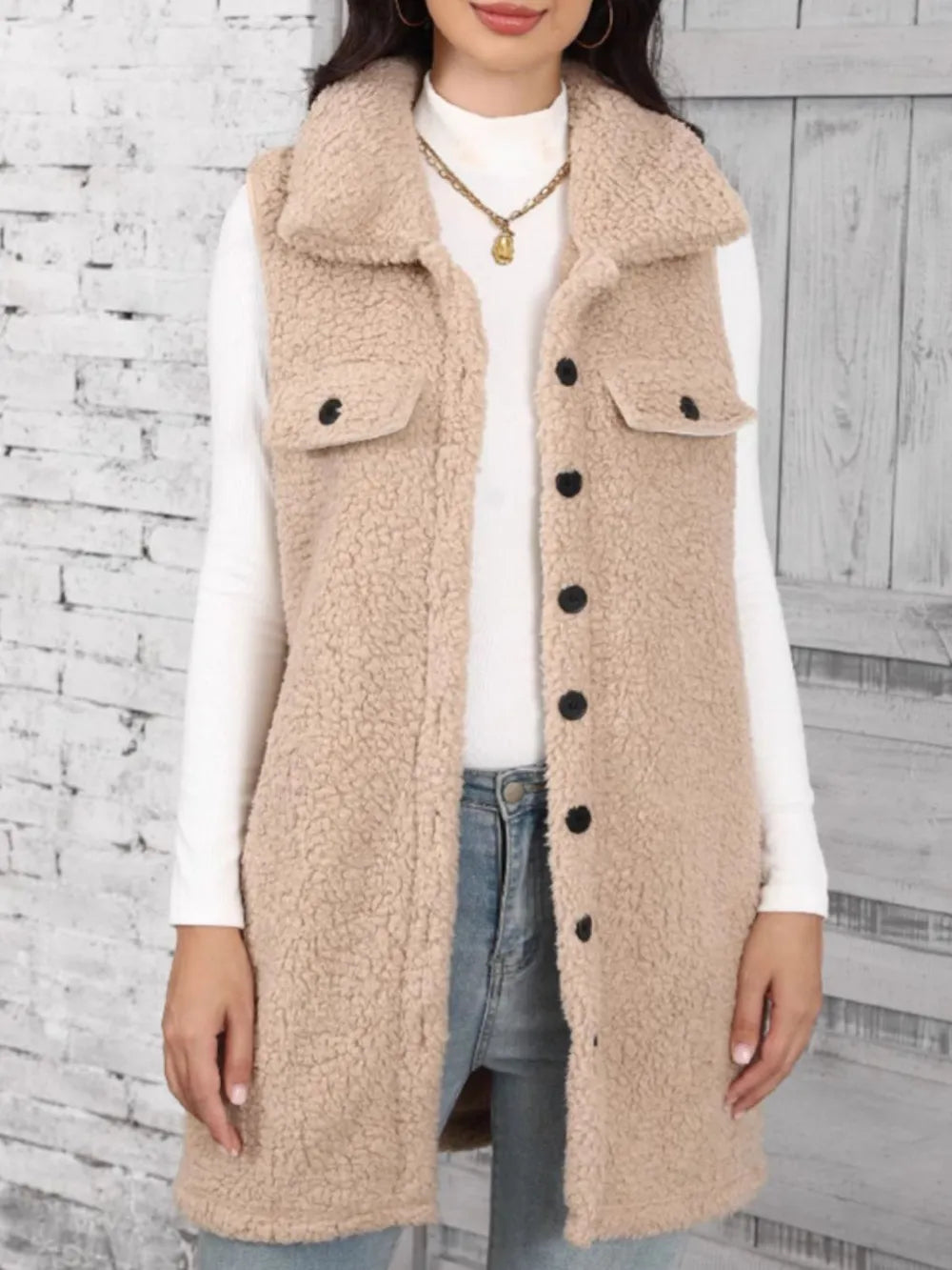 Beige Longline teddy fleece button-front vest with collar