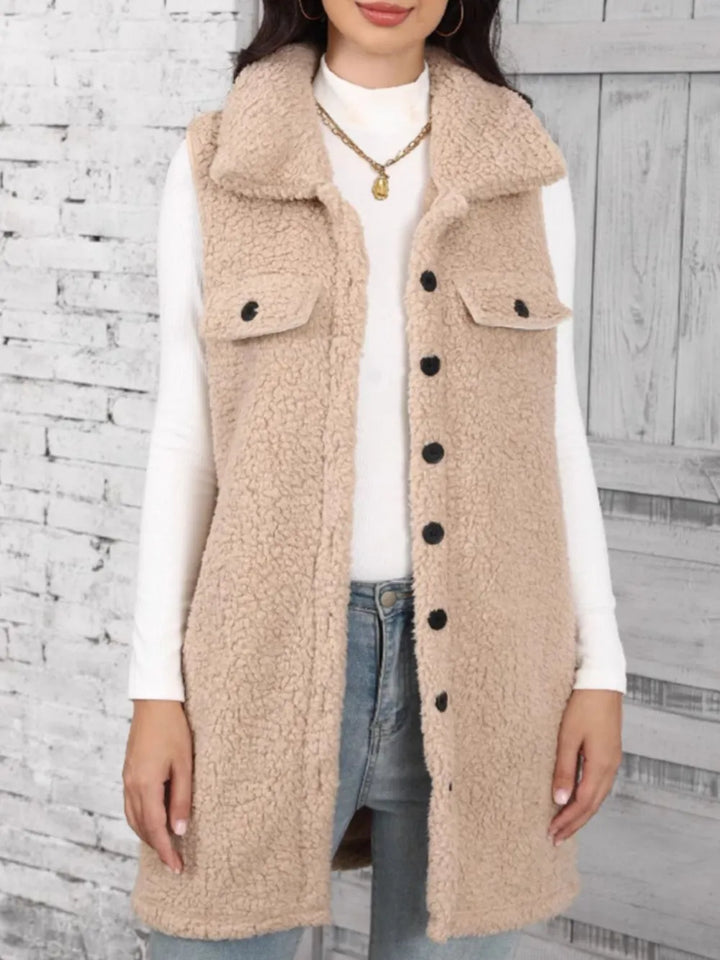 Beige Longline teddy fleece button-front vest with collar