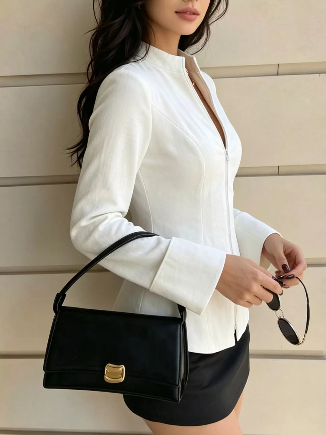 Zip-front mock neck top with flared cuffs