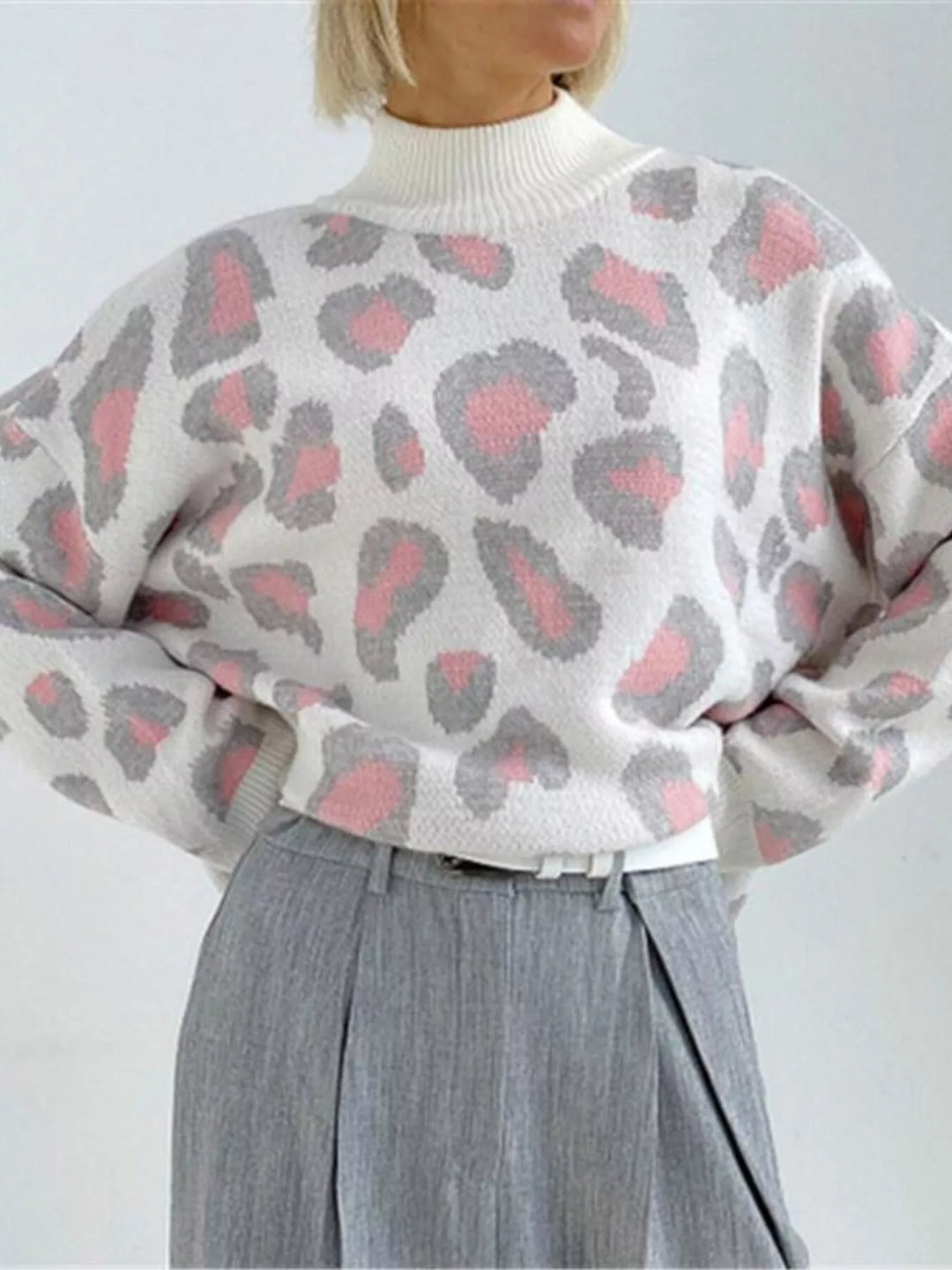Pink Leopard print long sleeve mock neck knit sweater