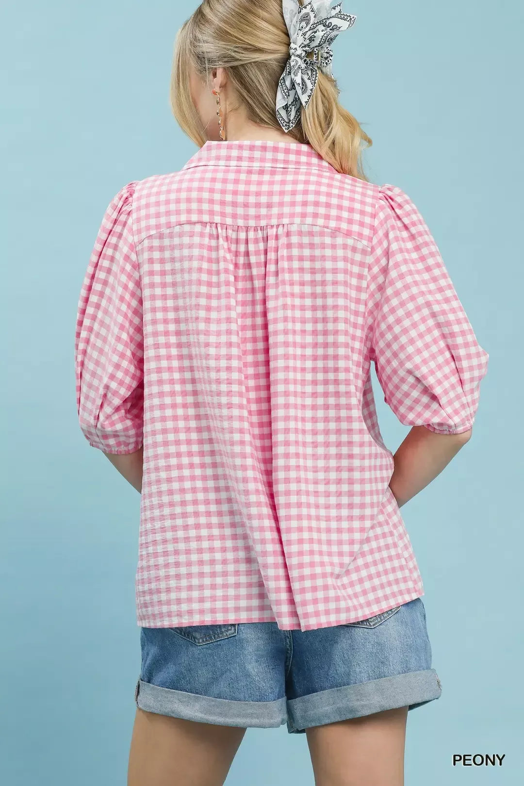 Gingham puff sleeve collared blouse with split V-neck