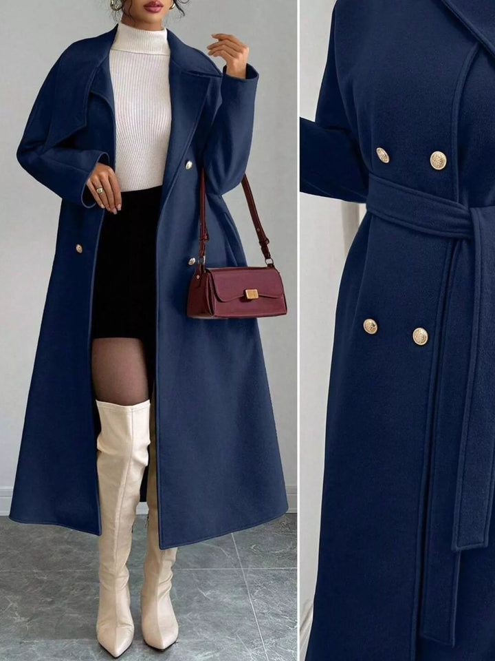 Double-breasted belted longline coat with stand collar