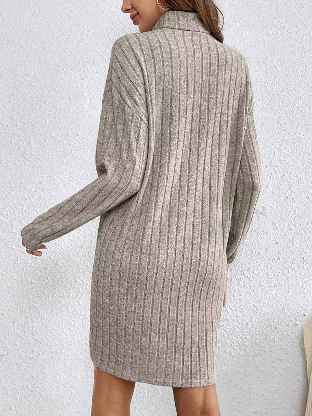 Ribbed knit turtleneck sweater mini dress with long sleeves