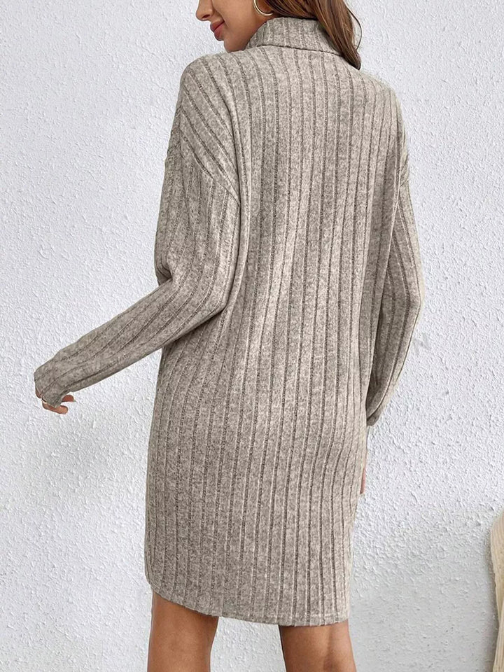 Ribbed knit turtleneck sweater mini dress with long sleeves