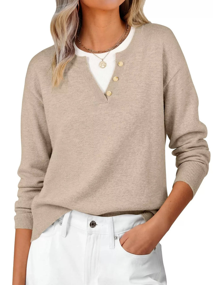 Apricot Notch neck button-trim drop shoulder sweater