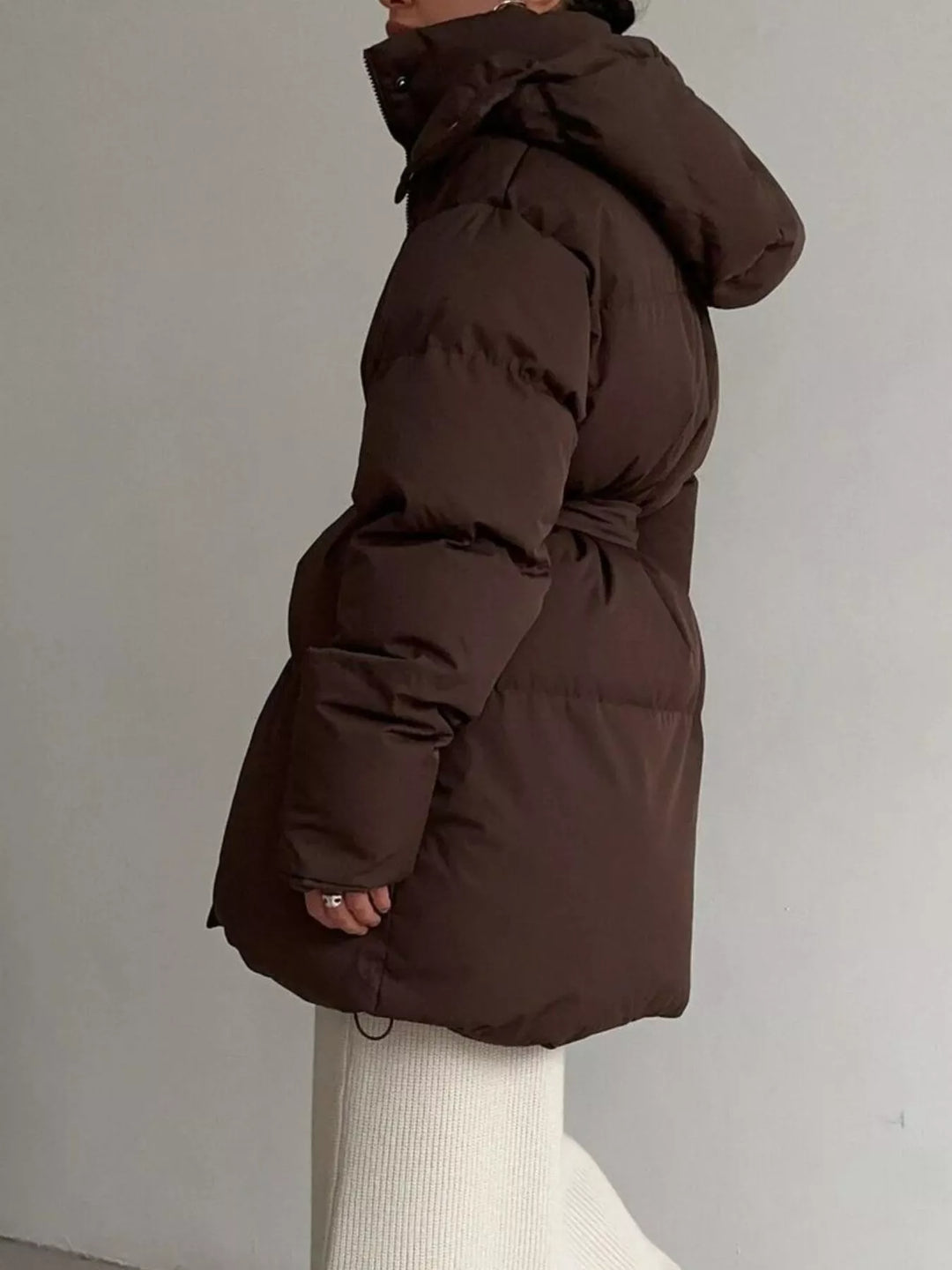 Belted puffer winter coat with snap-off hood