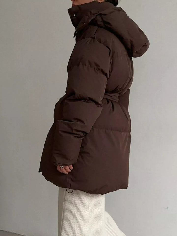 Belted puffer winter coat with snap-off hood
