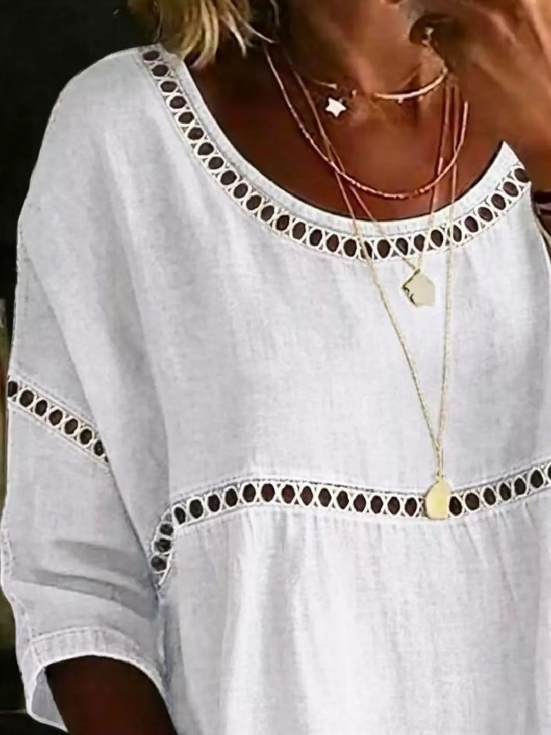 Floral print crochet-trim tunic top with 3/4 sleeves