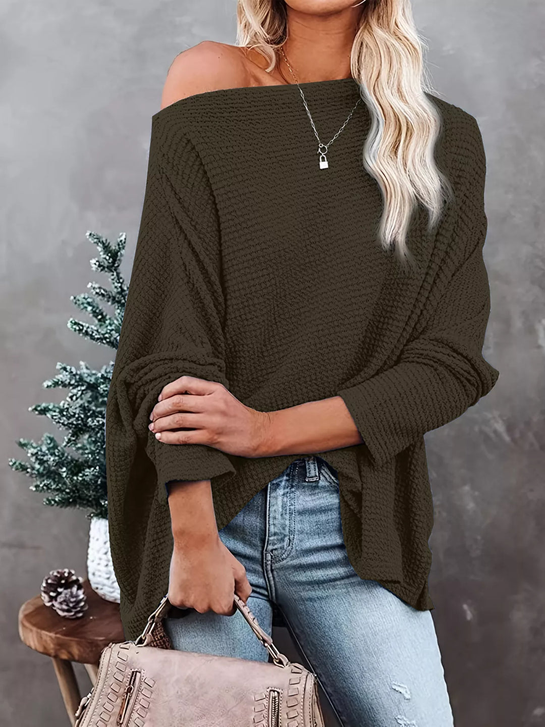 Oversized waffle-knit boat neck long sleeve top